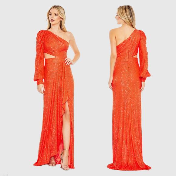 Mac Duggal Sequined One Shoulder Cut out Gown Orange Sz 8 Formal - Picture 1 of 9